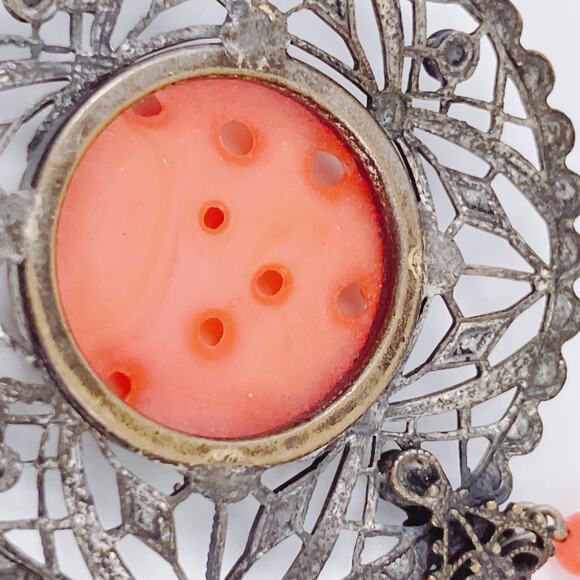 VTG Art Deco Peking Glass Style Red Glass 1920s-1930s Filigree Necklace Pendant - Picture 11 of 16